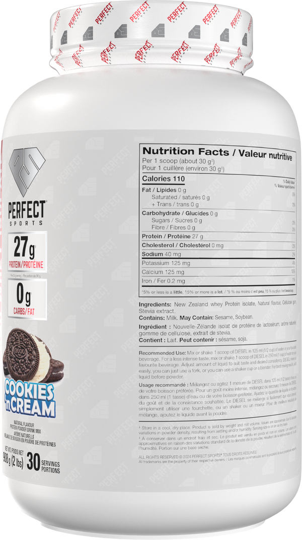 PERFECT SPORTS DIESEL New Zealand Whey Protein Isolate - Cookies 'N Cream (2Ibs/5Ibs)
