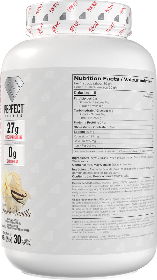 PERFECT SPORTS DIESEL New Zealand Whey Protein Isolate - French Vanilla (2lbs/5Ibs)