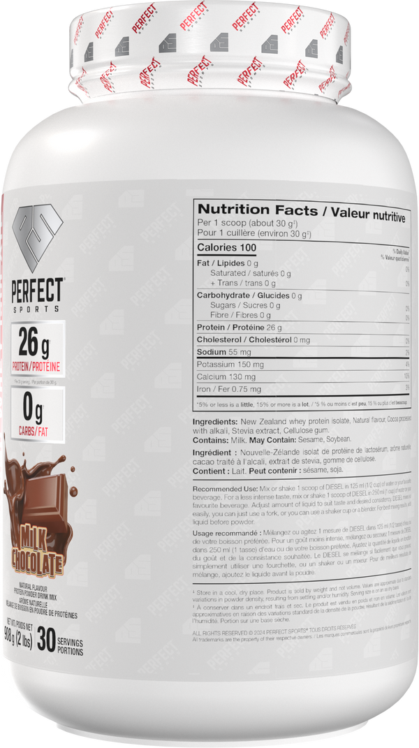 PERFECT SPORTS DIESEL New Zealand Whey Protein Isolate - Milk Chocolate (2Ibs/5Ibs)